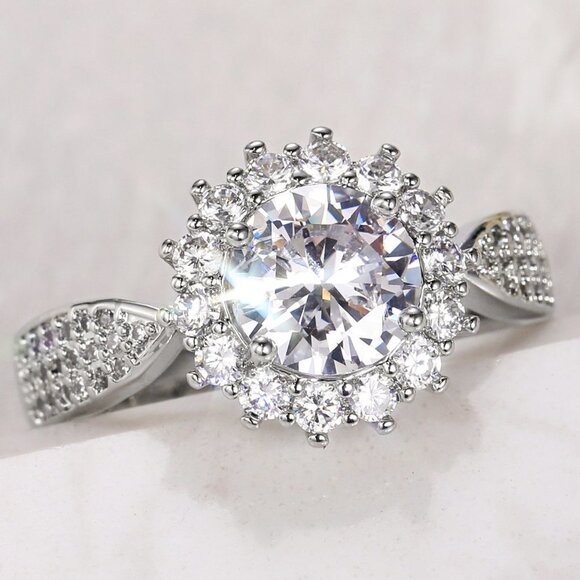 🔥925 SILVER MOISSANITE SUN FLOWER WEDDING/ENGAGEMENT RING WOMEN, K754 - Picture 1 of 8